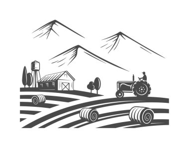 Manzara ve köy çiftliği beyaz arka planda izole edilmiş. Vektör illüstrasyonu