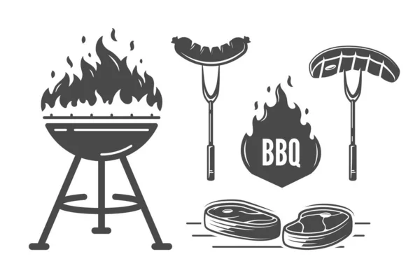 Barbacoa Grill Steak Fork Salchicha Fuego Aislado Sobre Fondo Blanco — Vector de stock
