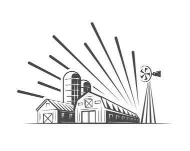 Manzara ve köy çiftliği beyaz arka planda izole edilmiş. Vektör illüstrasyonu