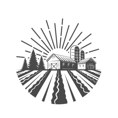 Manzara ve köy çiftliği beyaz arka planda izole edilmiş. Vektör illüstrasyonu