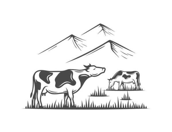 Cows Graze Village Farm Mountains Background Vector Illustration — Stock Vector
