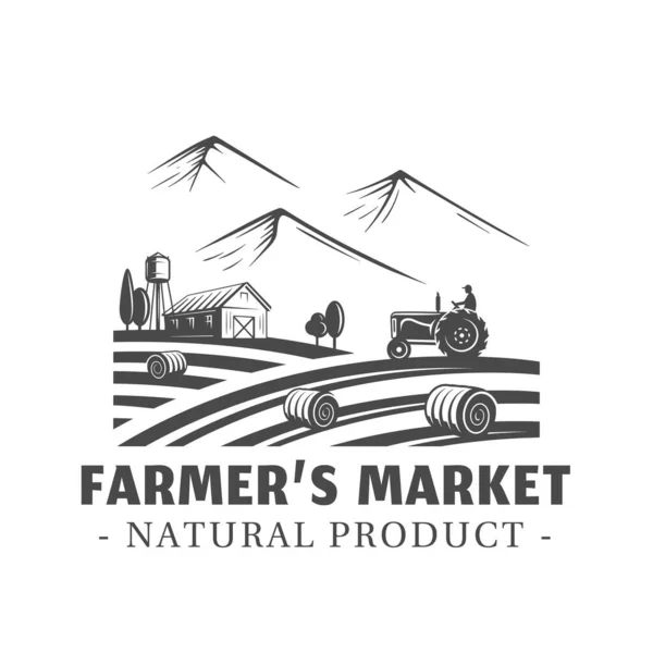 Farm Market Label Isolated White Background Village Landscape Agriculture Emblem — Stock Vector