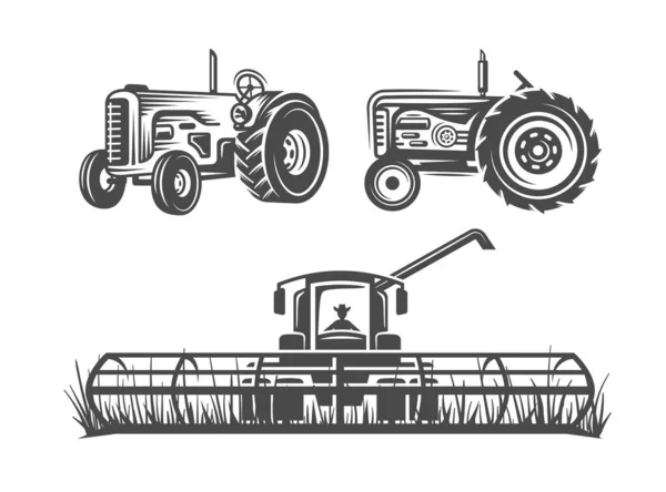 Set Von Oldtimer Traktor Isoliert Auf Weißem Hintergrund Vektorillustration — Stockvektor