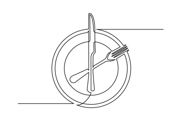 连续绘制餐具的一条线图 刀叉板隔离在白色背景上 该吃东西了矢量说明 — 图库矢量图片