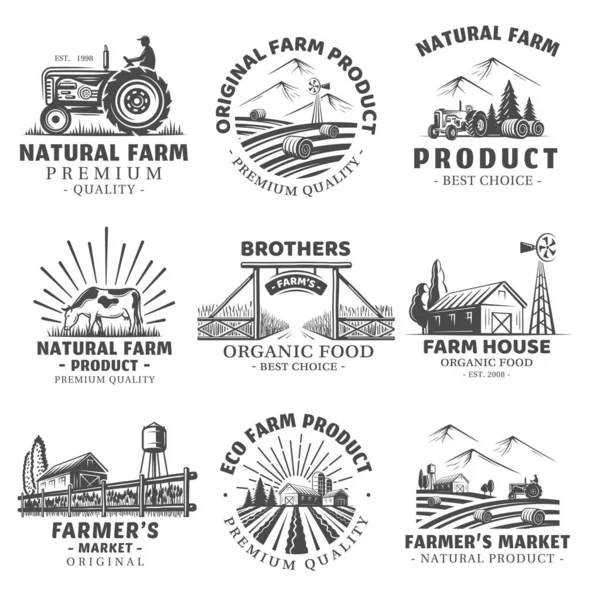 Set Farm Market Labels Isolated White Background Village Landscape Agriculture — Stock Vector