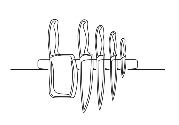 厨房刀架的连续单行绘图 在白色背景上隔离的炊具 矢量说明 — 图库矢量图片