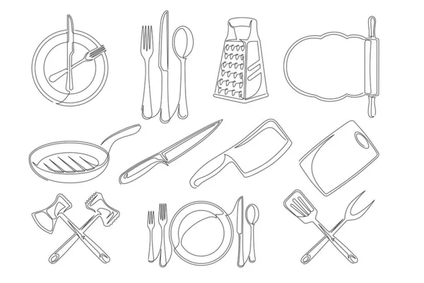 Set Continuous One Line Drawing Kitchen Elements Cooking Elements Isolated — стоковый вектор