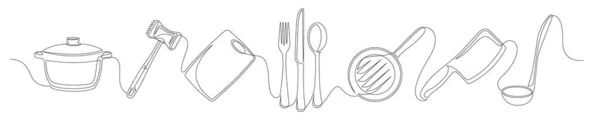 一组连续的厨房元件单线绘图 在白色背景上隔离的烹饪元素 矢量说明 — 图库矢量图片