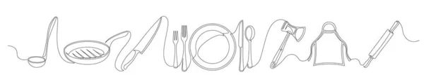 Ensemble Dessin Continu Une Ligne Des Éléments Cuisine Eléments Cuisson — Image vectorielle