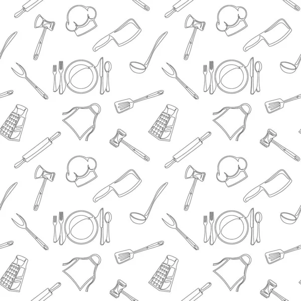 Set Continuous One Line Drawing Kitchen Elements Seamless Pattern Cooking — стоковый вектор