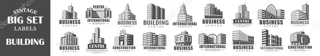Set of vintage buildings labels. Templates for the design of logos and emblems. Collection of building symbols: hotel, office, skyscraper. Vector illustration