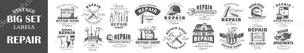 Set of vintage repair labels. Posters, stamps, banners and design elements. Vector illustration