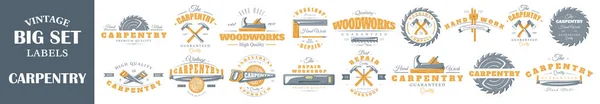 Conjunto Logotipos Carpintaria Vintage Cartazes Selos Banners Elementos Design Ilustração —  Vetores de Stock