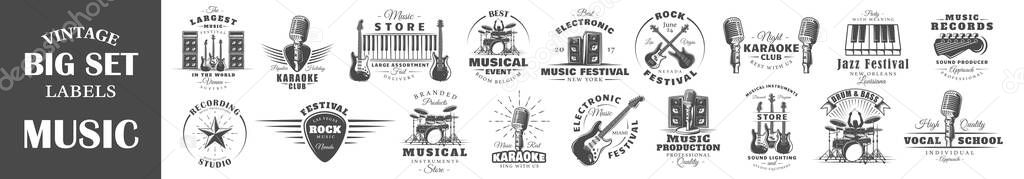 Set of vintage musical labels templates. Elements for design. Vector illustration