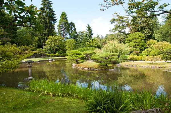 Japanese garden, pond, lantern — Stock Photo, Image