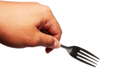 beyaz izole çatal ile el