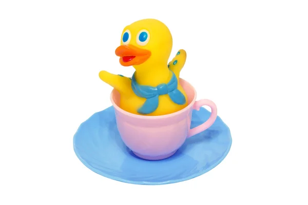 茶杯和茶碟玩具橡皮鸭. — 图库照片
