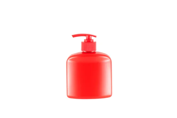 Red bottle for liquid soap from a dispenser. — Stock Photo, Image