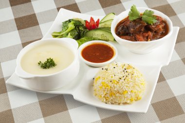 Delicious Beef Stew with soup and rice. With clipping path