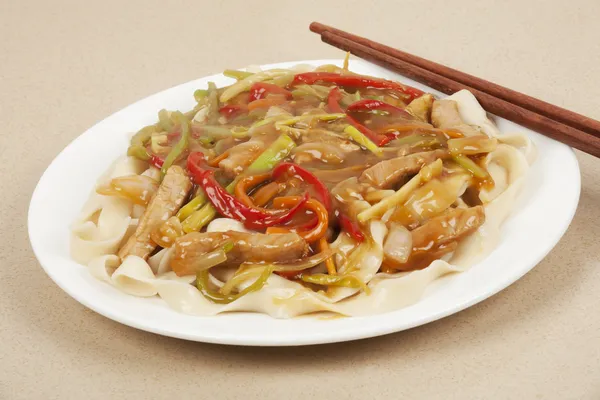 Ein köstliches chinesisches Abendessen mit Schweinefleisch lo mein — Stockfoto