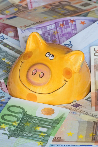 Notas do Euro Bank com um mealheiro a mostrar afogamento em dinheiro — Fotografia de Stock