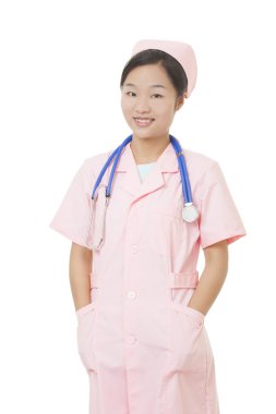 Portrait of a beautiful Asian nurse with a stethoscope around her neck isolated on a white background