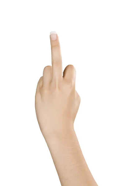 Caucasian female using hand gestures to show anger using her middle finger. Isolated on a white background with a clipping path — Stock Photo, Image