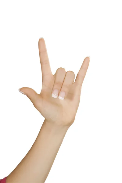 Caucasian female using hand gestures to say I love you isolated on a white background — Stock Photo, Image