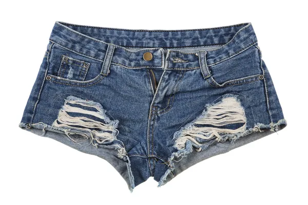 Oude en versleten blauwe jean shorts geïsoleerd op een witte achtergrond — Stockfoto