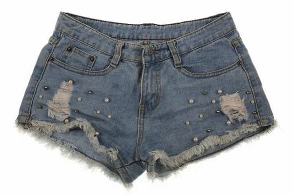 Calções jeans azuis velhos e desgastados isolados em um fundo branco — Fotografia de Stock