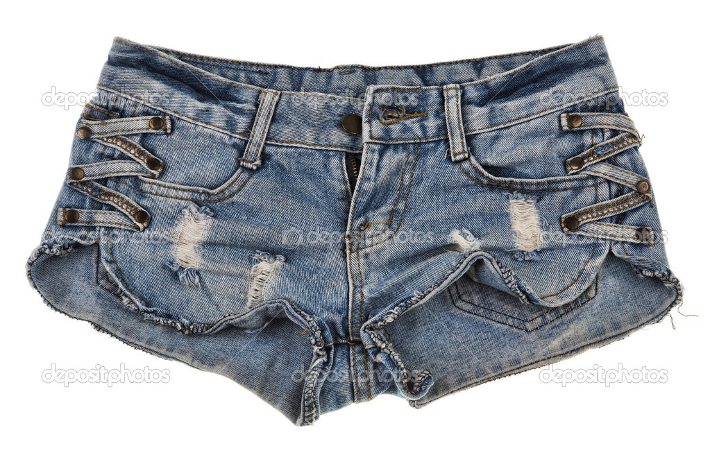 Old and worn blue jean shorts isolated on a white background