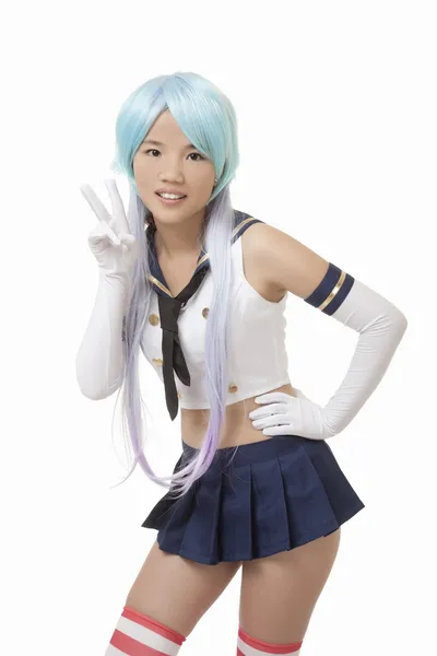 Vacker och sexig kinesisk kvinna att ha lite kul med cosplay isolerade en vit bakgrund — Stockfoto
