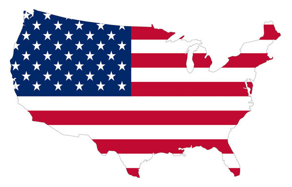 Графическая иллюстрация континентальной Америки с накладывающимся флагом США изолированным на белом фоне