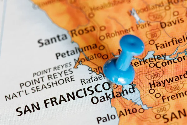 Travel Map Coast California Showing San Francisco Usa Blue Push —  Fotos de Stock