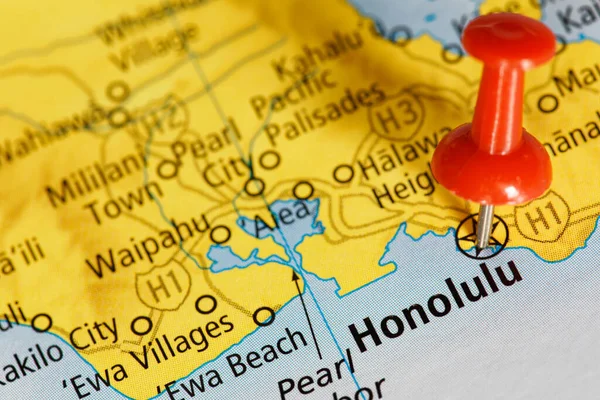 Travel Map Coast Hawaii Showing Honolulu Usa Red Push Pin — стокове фото