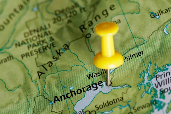 Mapa Viagens Anchorage Alaska Usa Com Alfinete Amarelo — Fotografia de Stock