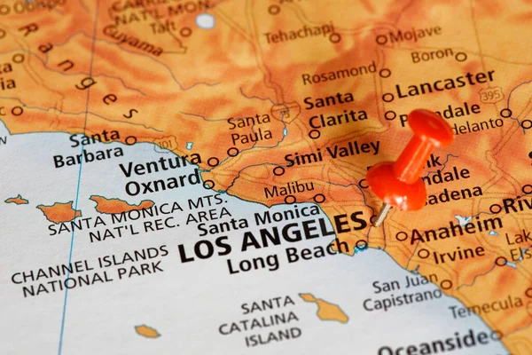Travel Map Coast California Showing Los Angeles Usa Red Push — Fotografia de Stock
