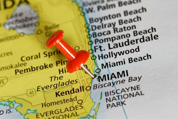Mapa Turístico Costa Florda Mostrando Miami Estados Unidos Con Alfiler —  Fotos de Stock