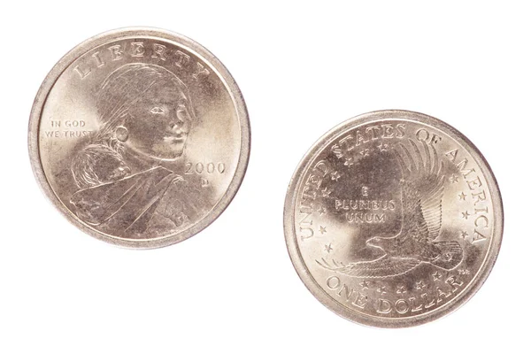 2000天面额一美元的美国硬币正面和背面都是白色背景的 — 图库照片