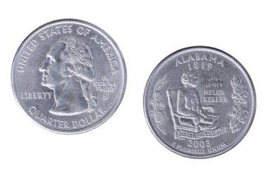 Beyaz arka planda izole edilmiş Alabama 2008D Devlet Anma Çeyreği 'nin ters ve ters tarafları