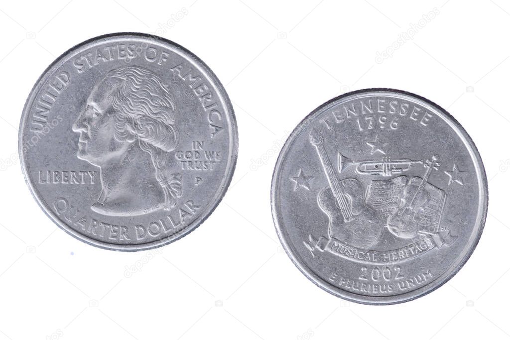 Obverse and reverse sides of the Tennessee 2002p State Commemorative Quarter isolated on a white background