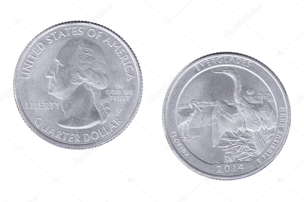 Obverse and reverse sides of the Everglades National Park, in Florida is part of the America the Beautiful Commemorative Quarters Program isolated on a white background