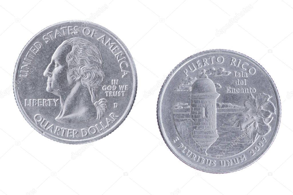Obverse and reverse sides of the Puerto Rico 2009D Commemorative Quarter isolated on a white background