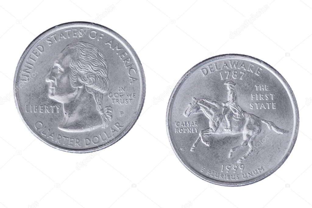 Obverse and reverse sides of the Delaware 1999P State Commemorative Quarter isolated on a white background