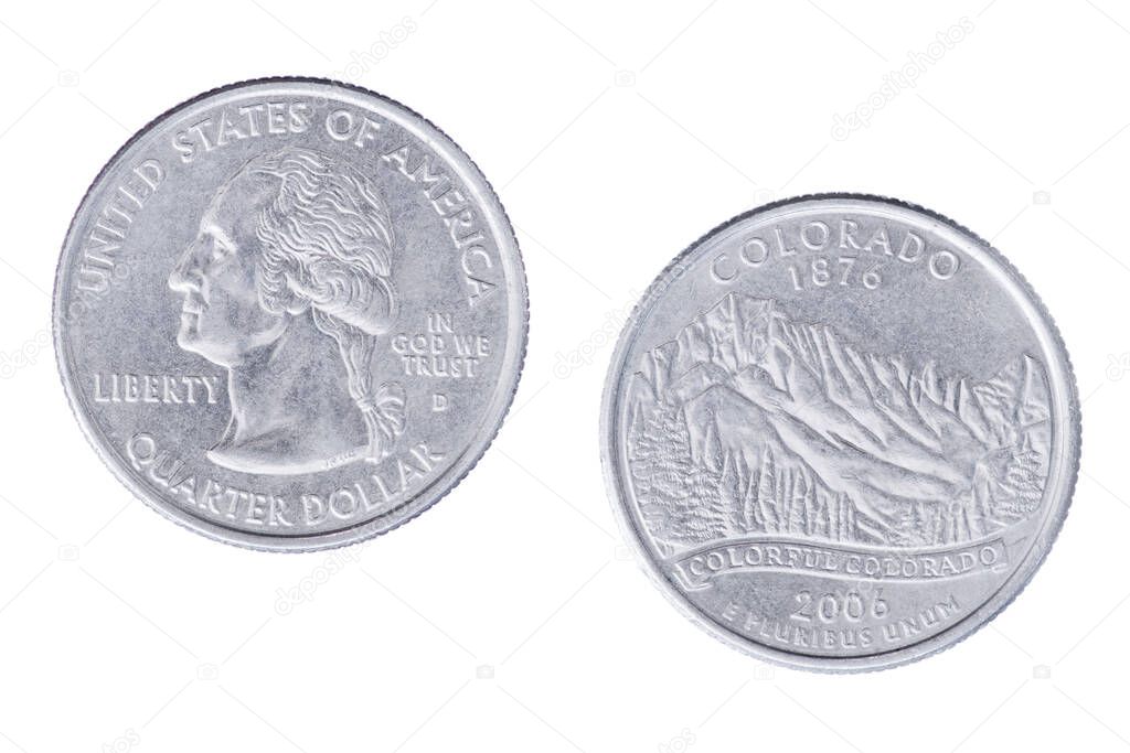 Obverse and reverse sides of the Colorado 2006D State Commemorative Quarter isolated on a white background