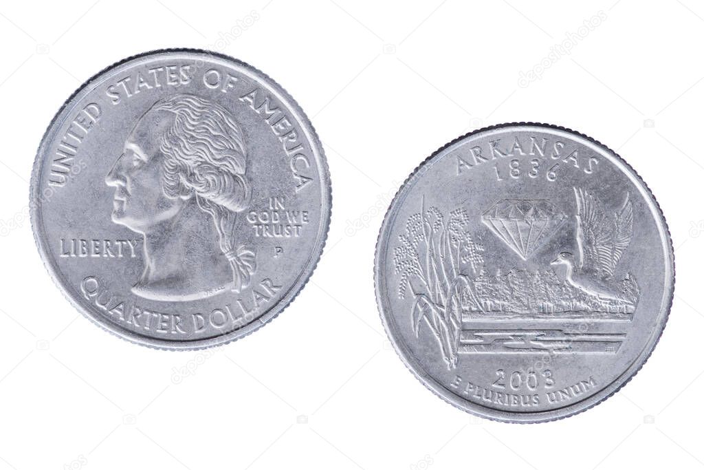 Obverse and reverse sides of the Arkansas 2003P State Commemorative Quarter isolated on a white background