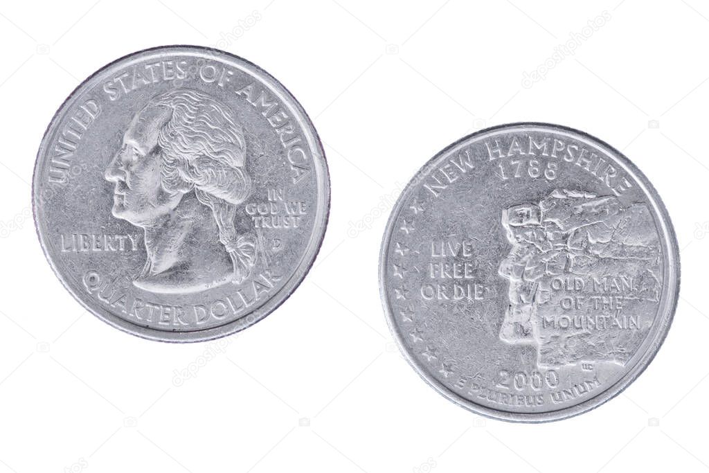 Obverse and reverse sides of the New Hamphshire 2000D State Commemorative Quarter isolated on a white background