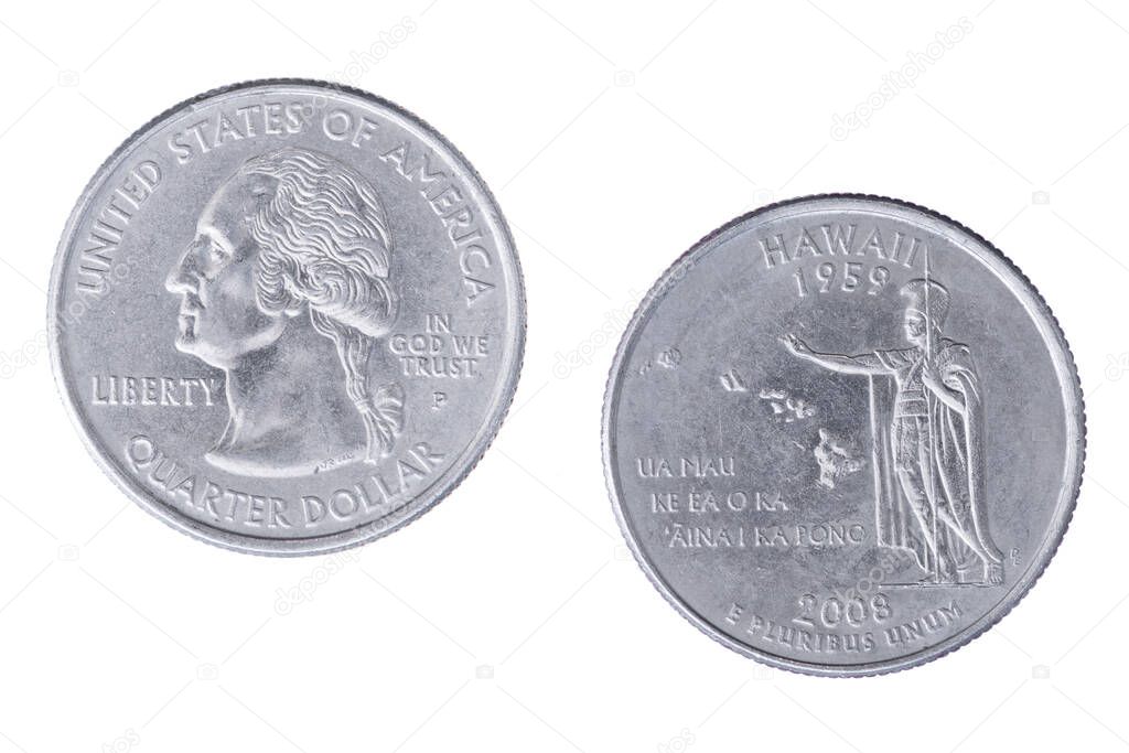 Obverse and reverse sides of the Hawaii 2008P State Commemorative Quarter isolated on a white background