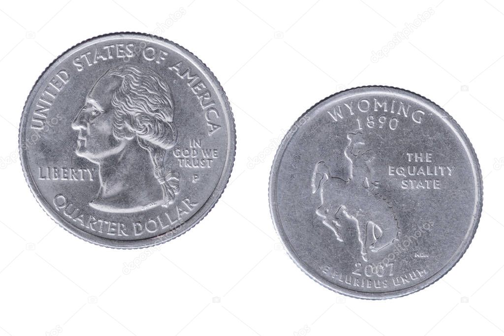 Obverse and reverse sides of the Wyoming 2007P State Commemorative Quarter isolated on a white background
