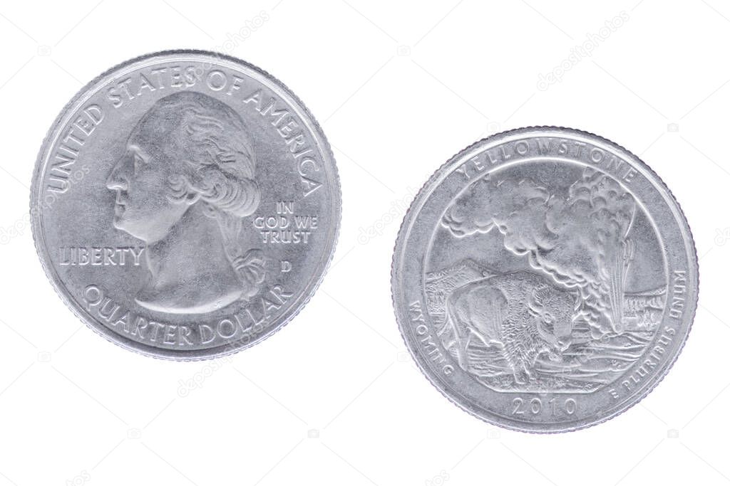 Obverse and reverse sides of the Yellowstone National Park 2010D Commemorative Quarter, part of the America the Beautiful Commemorative Quarters Program isolated on a white background